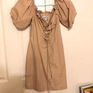 tan off the shoulder I.AM.GIA dress